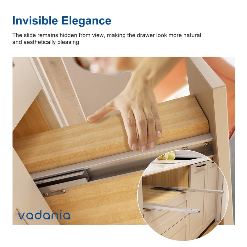 VADANIA 14"" Undermount Drawer Slide, Push to Open, Bottom Mounted & Bottom Support, 88 lb Load Capacity, 3-Fold Full Extension, Invisible Drawer Slies,1 Pair(2-Pack) - Image 4